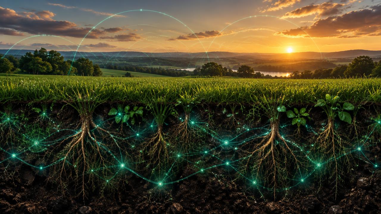 Wireless intelligence network woven through root-zone soil beneath a landscape at golden hour