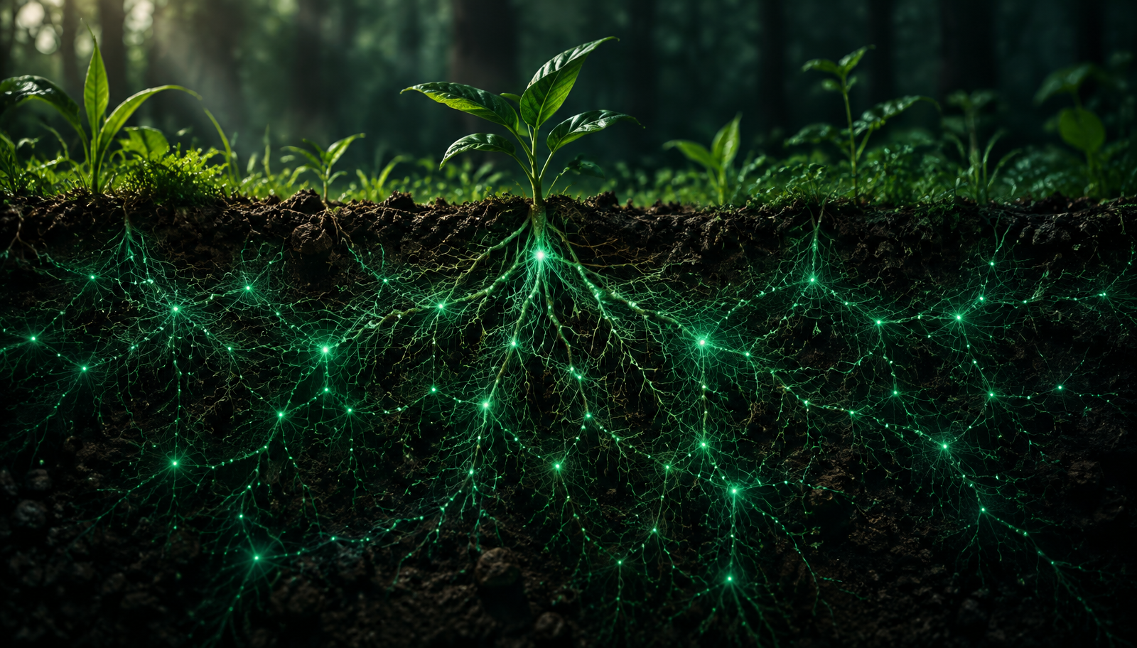 GroundWorx sensor in a soil cross-section with glowing root-zone intelligence network