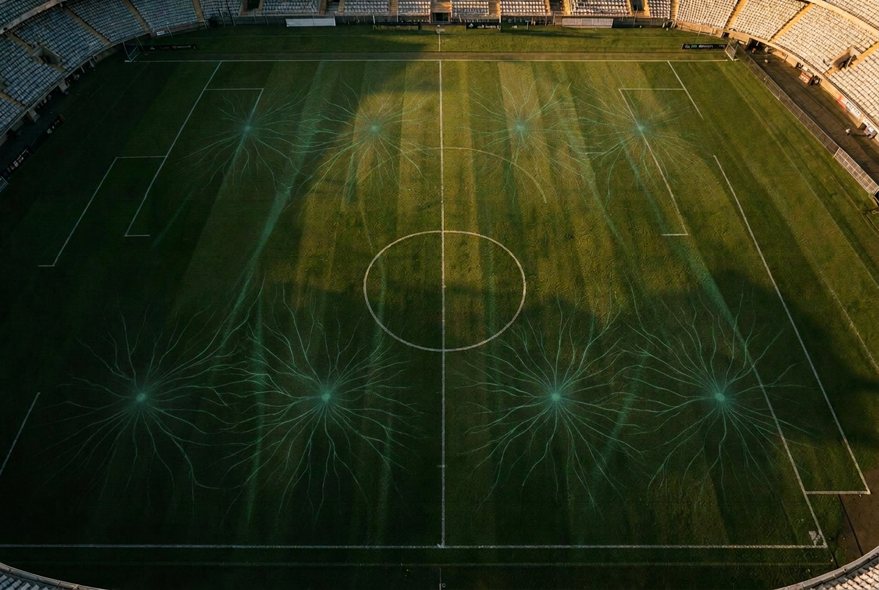 Faint electrical pulses flowing across turf