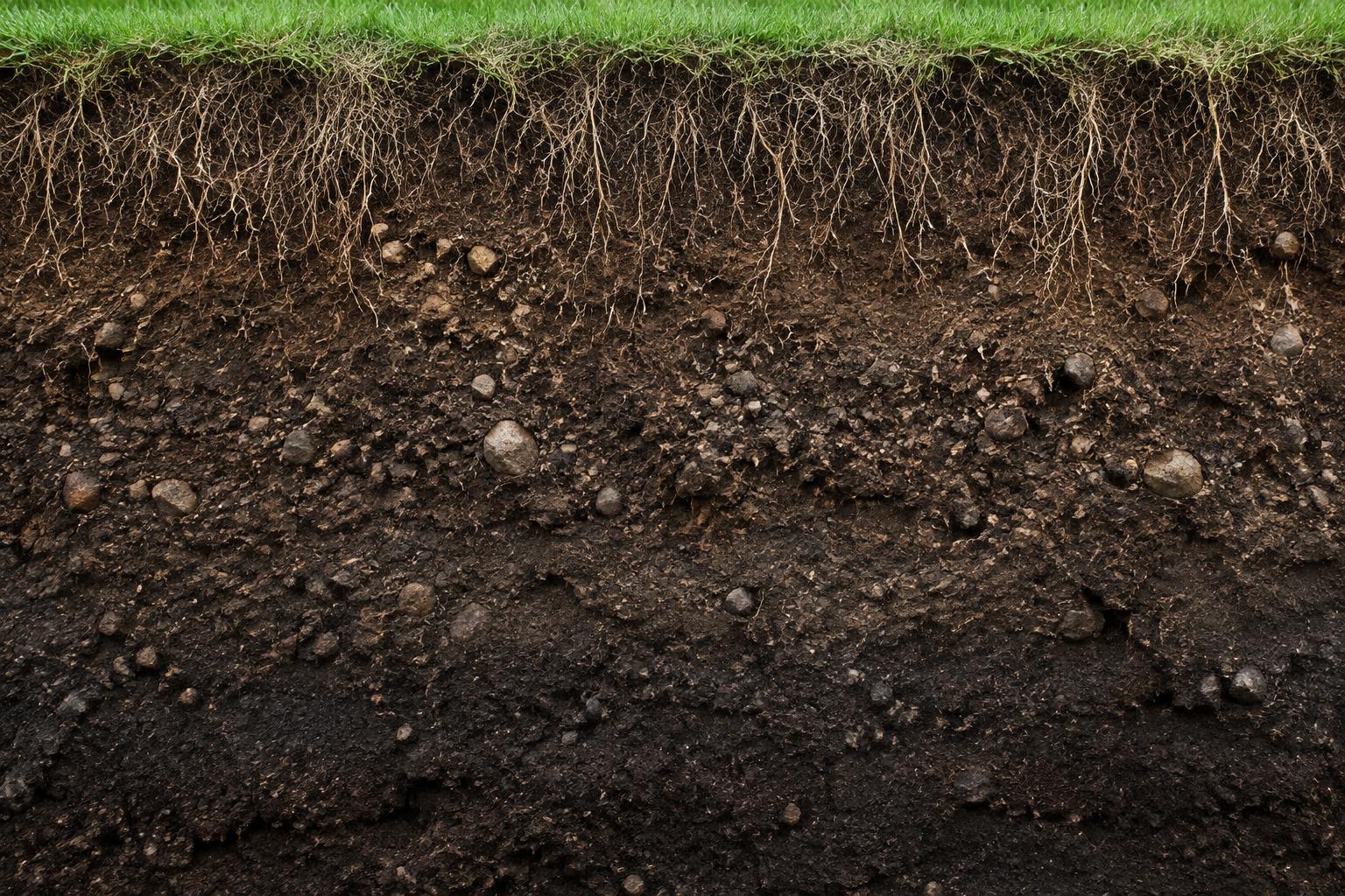 Illustrated soil profile with fine roots beneath turf